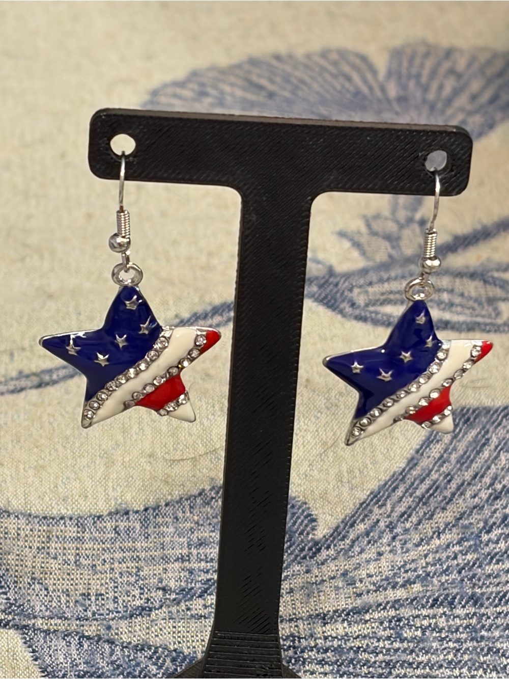 Patriotic American Flag Star Rhinestone Dangle Earrings